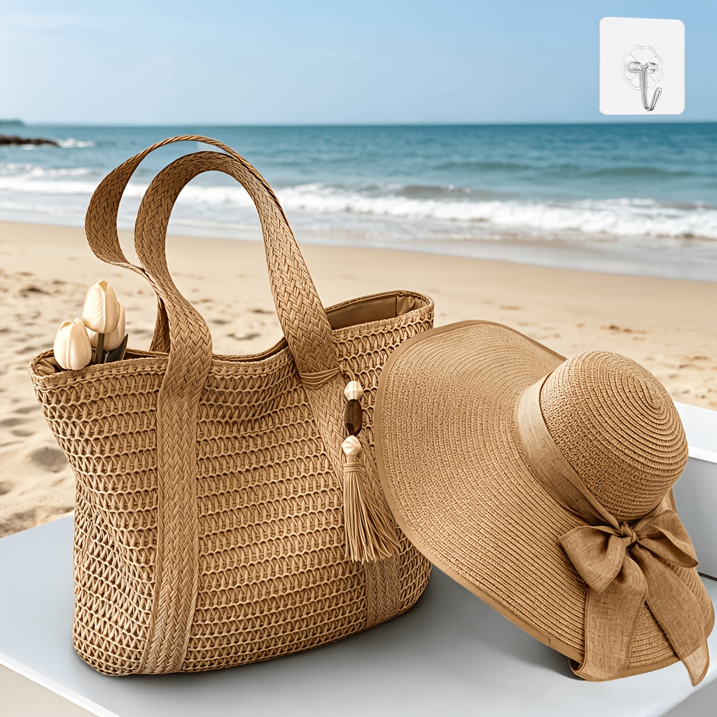 Image of New Women's Handbag, Handbag And Straw Hat Set, More Suitable For , Used As Shoulder Bag With Multiple Ways To Wear, Suitable For Beach, , Daily Use, Shopping, Etc