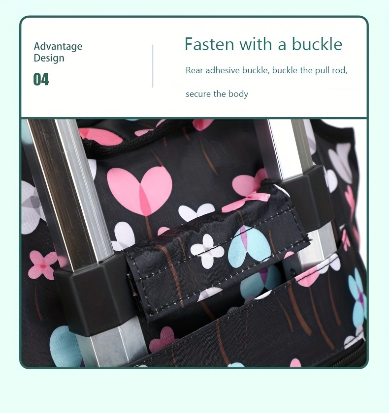 1pc Elegant Heart & Floral Pattern Foldable Shopping Cart with Telescopic Aluminum Handle – Portable 4-Wheel Rolling Grocery & Camping Cart, Black with Blue & Pink Hearts, Hand Wash Only, Travel Storage Cart | Elegant Pattern Design | Durable Fabric Cart