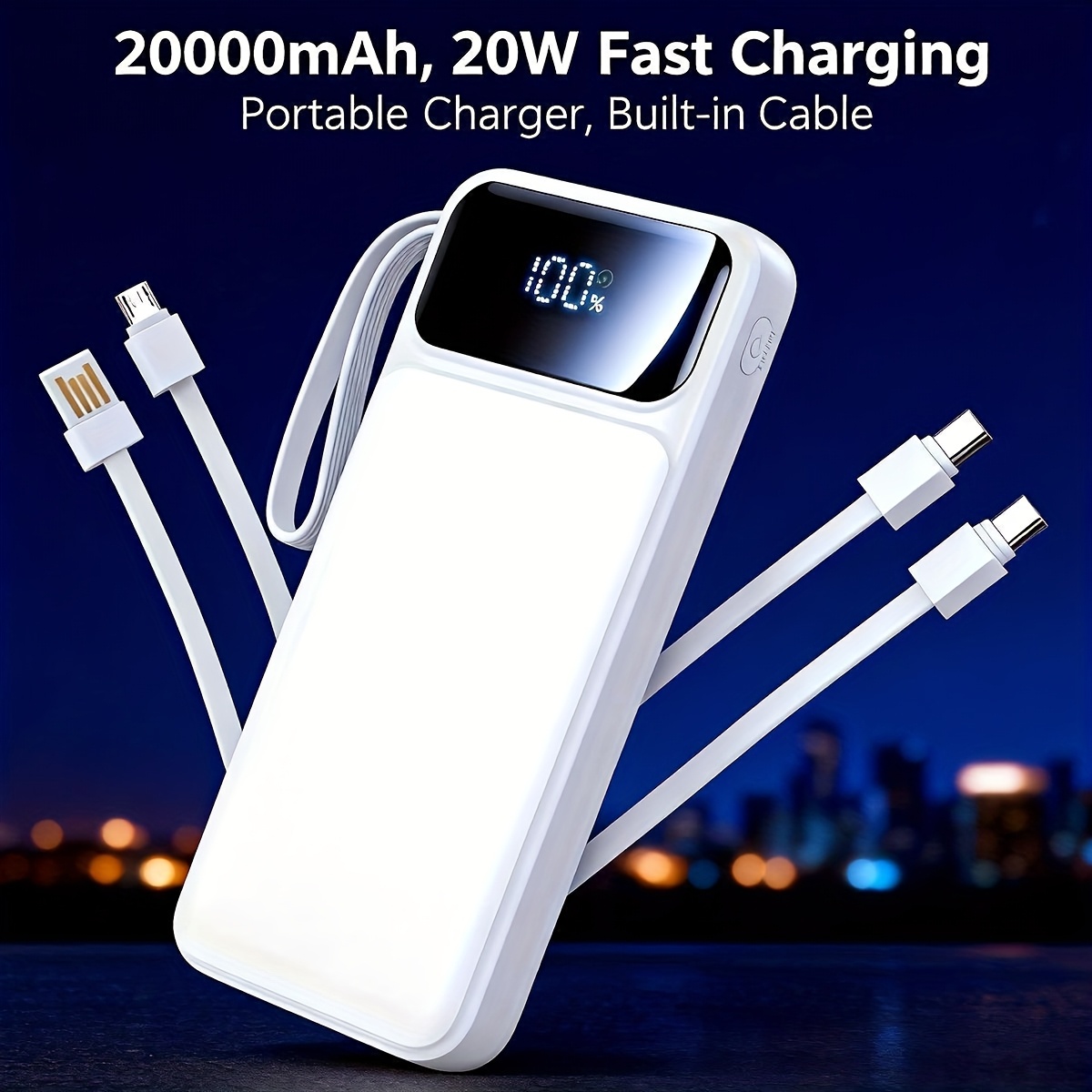 power bank 20000mah 20w fast charging portable charger built in cable usb c battery pack ultra thin portable mobile phone charger spare battery suitable for all mobile phones and tablets