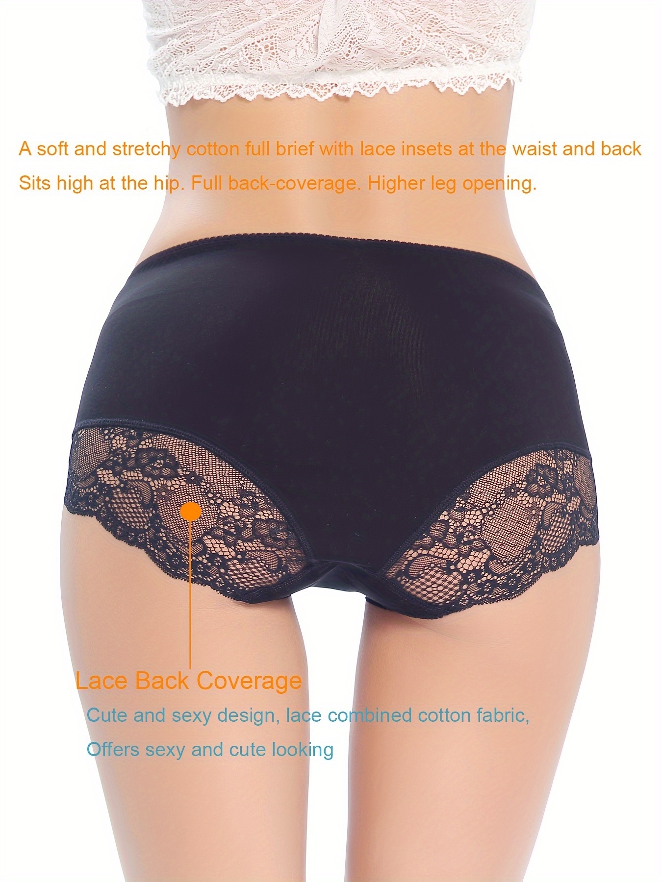 Underwear & Panties For Plus Size Women Cotton High-waist Full Brief Panty  With Lace Back Black/blue/grey/ 4 Pack | High-quality & Affordable | Temu