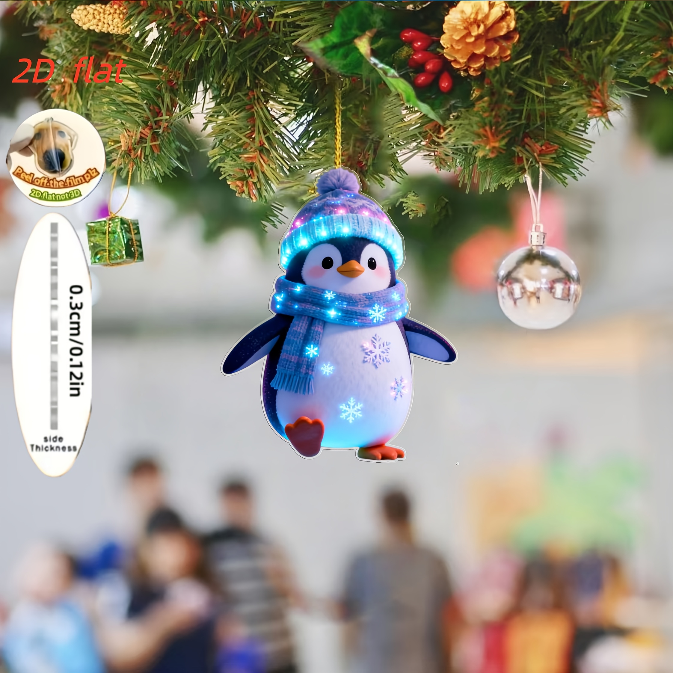 TEMU 2D Flat - . Happy Glowing Pinguin Acryl Weihnachts-Hängeornament, Multifunktionale 2D Hänge-Deko für Weihnachten, Geeignet für Auto-Rückspiegel,