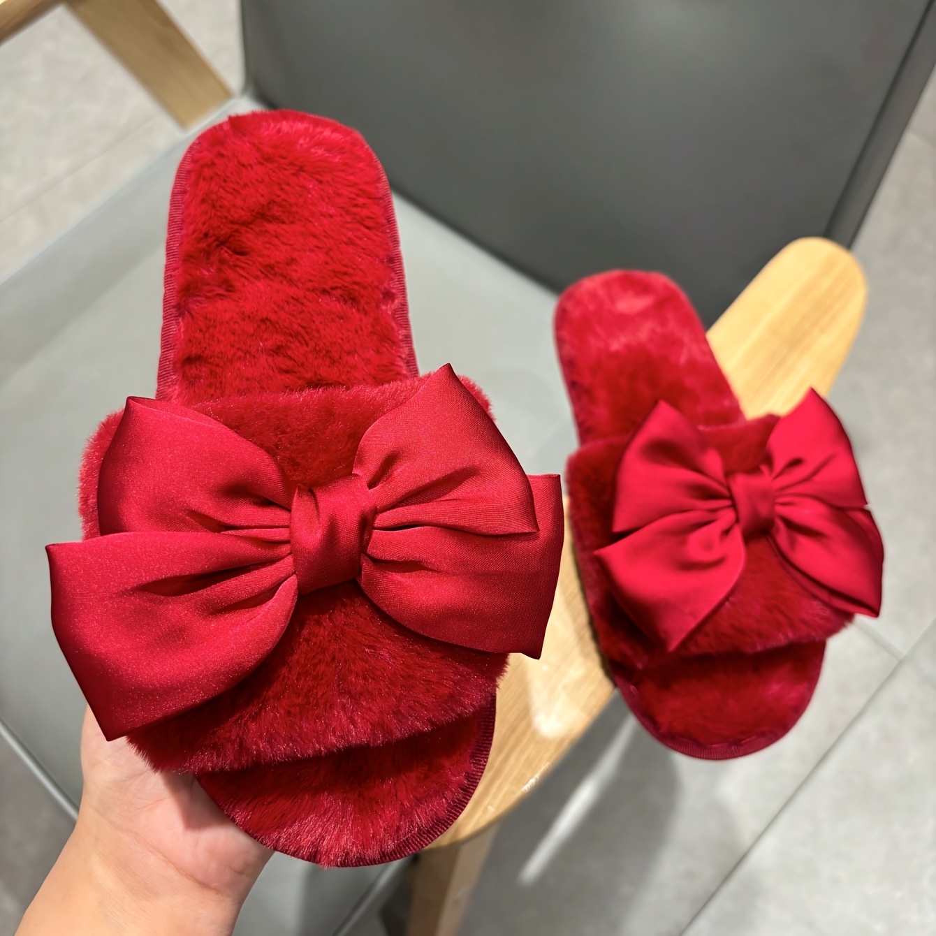 Women's Flat Faux Fur Bow Slippers Red Valentine's Day Home Slippers Plush Slide Sandals, Women Shoes