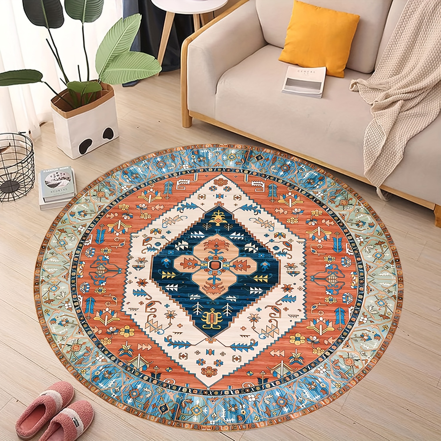 

Bohemian Patterned Round Decorative Rug: Soft And Comfortable For Living Room And Bedroom - Machine Washable, Waterproof, And Made Of Polyester