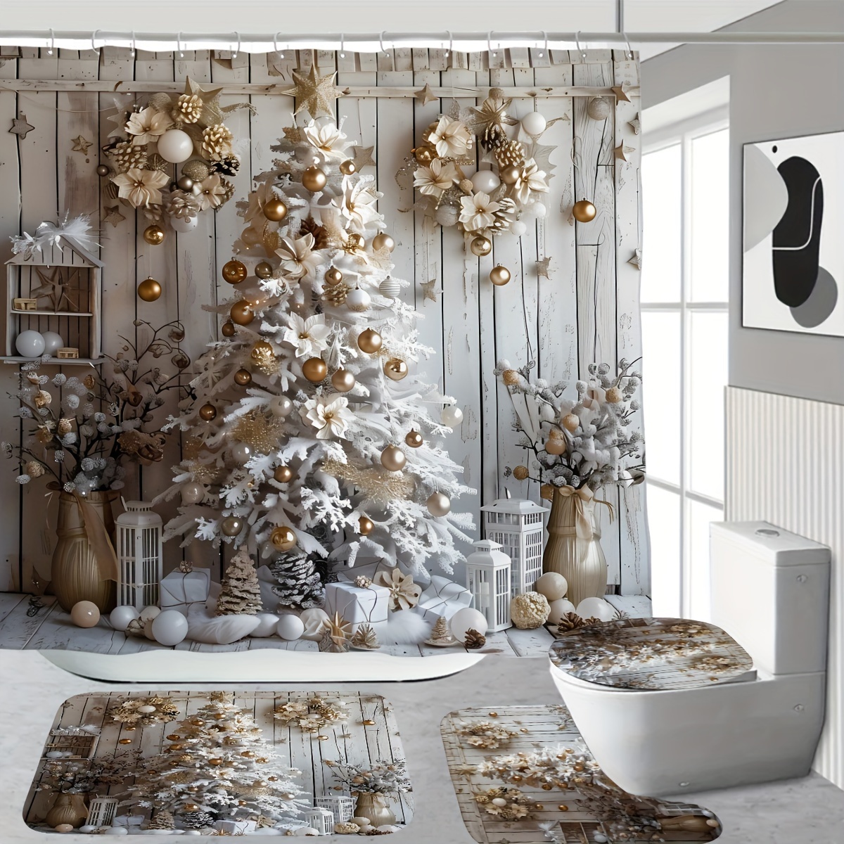 

Christmas Decorations: & Pattern Printed Shower Curtain, , And Bath Mat Set - 180x180cm