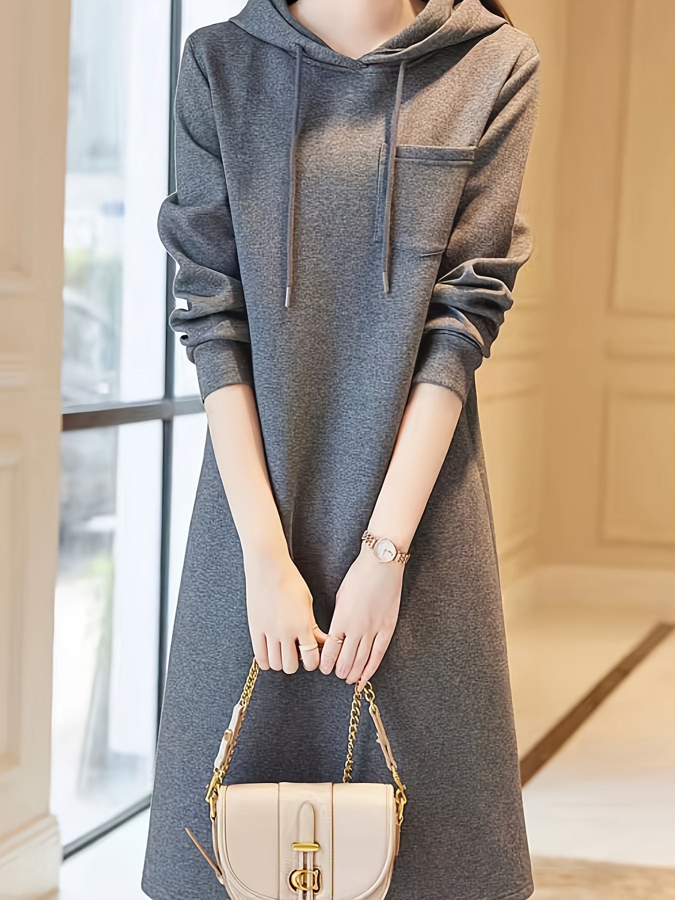 womens hooded sweater dress oversized long sleeve a line Temu