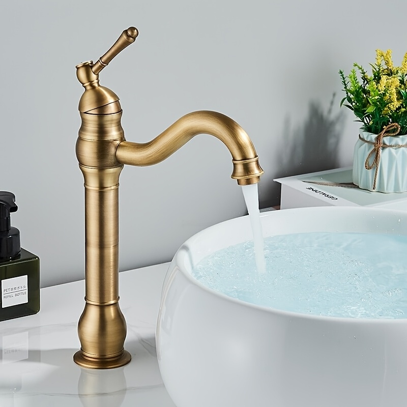 Bathroom Tap High, Single Lever Washbasin Tap, 360 Degree Rotatable Washbasin Taps, Washbasin Tap For Bathroom, Hot And Cold Water, Antique Brass