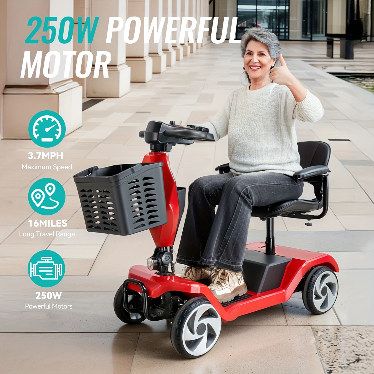foldable 4 wheel scooter for seniors 16 miles   headlight removable storage basket lightweight portable design fits in car trunk durable frame for indoor outdoor use Product details 0