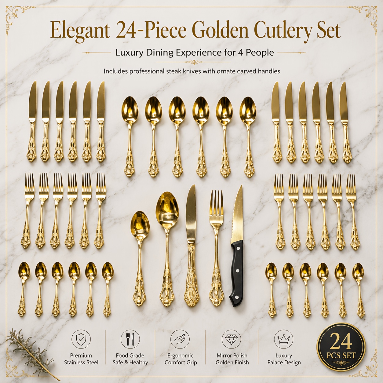 TEMU 24pcs Golden-tone Stainless Steel Cutlery Set And Kitchen Accessories. The Handles Feature An Openwork Relief Pattern, Giving Them An Elegant,
