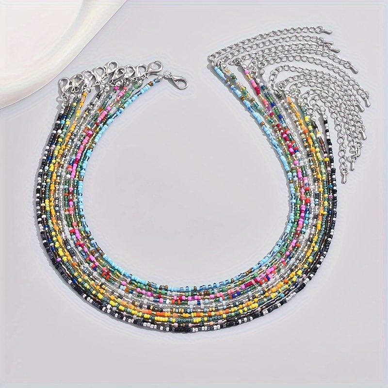 

10pc Boho Style Colorful Mini Seed Beads Beaded Necklace Set Adjustable Neck Jewelry Decoration