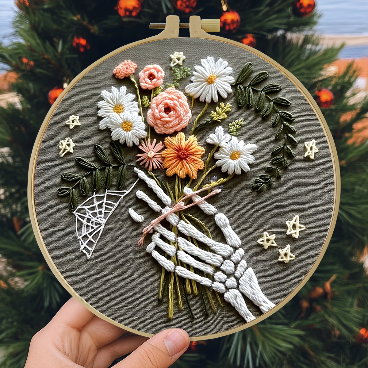 TEMU Adult Beginner Embroidery Kit, Featuring A White Holding A Colorful Bouquet. This Hand Embroidery Kit Includes A Patterned Embroidery Canvas,