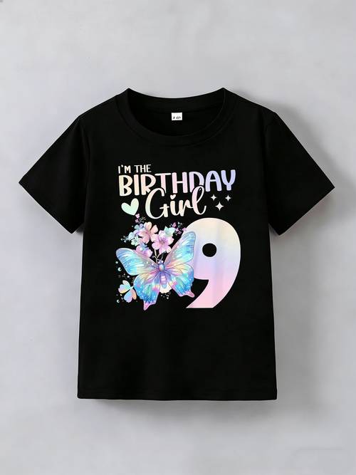 im the birthday girl t shirt suitable for stylish short sleeve t shirt featuring 9 and colorful butterflies casual summer for girls