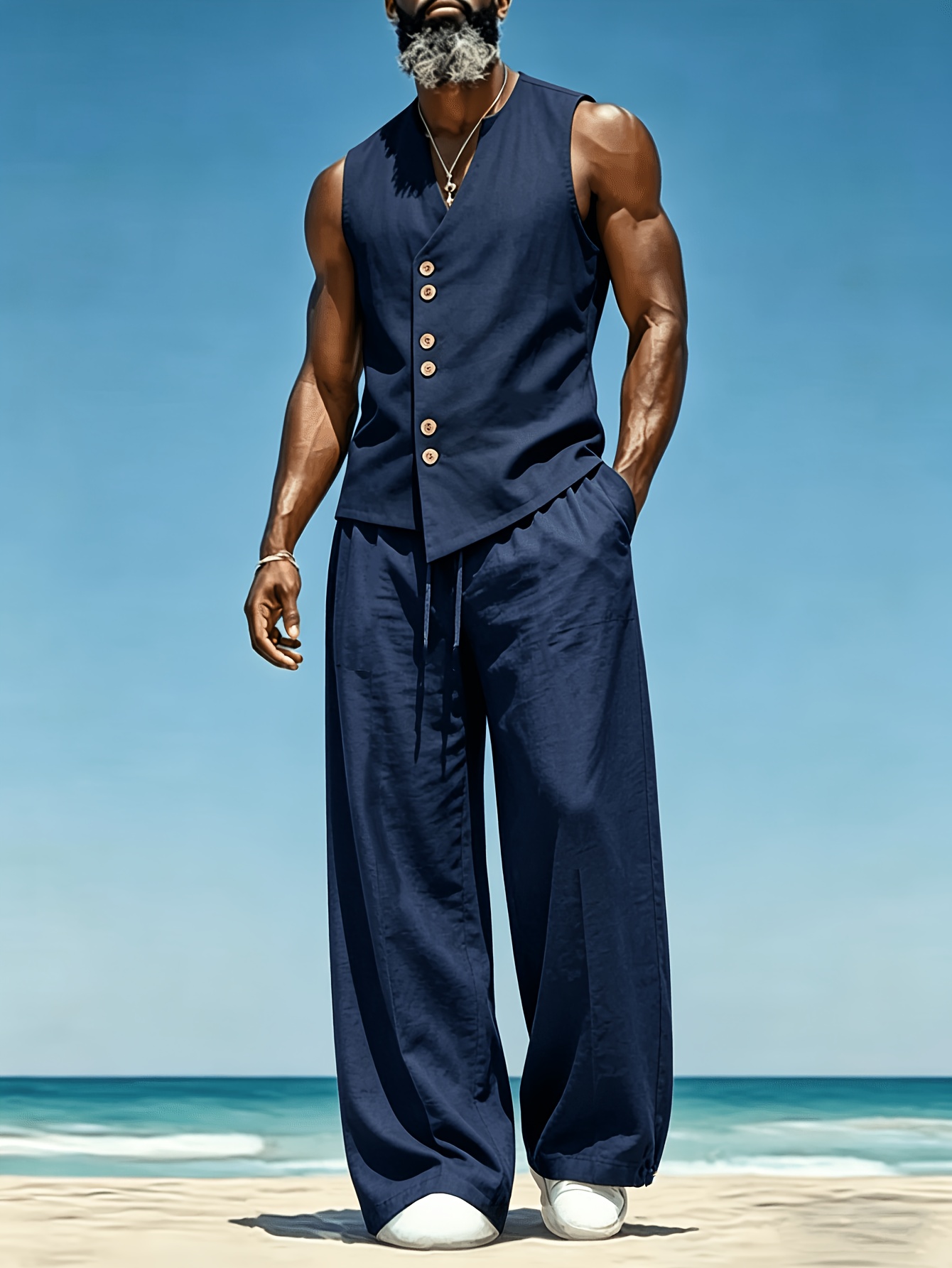 mens 2pcs asymmetric button vest wide leg pants linen blend set