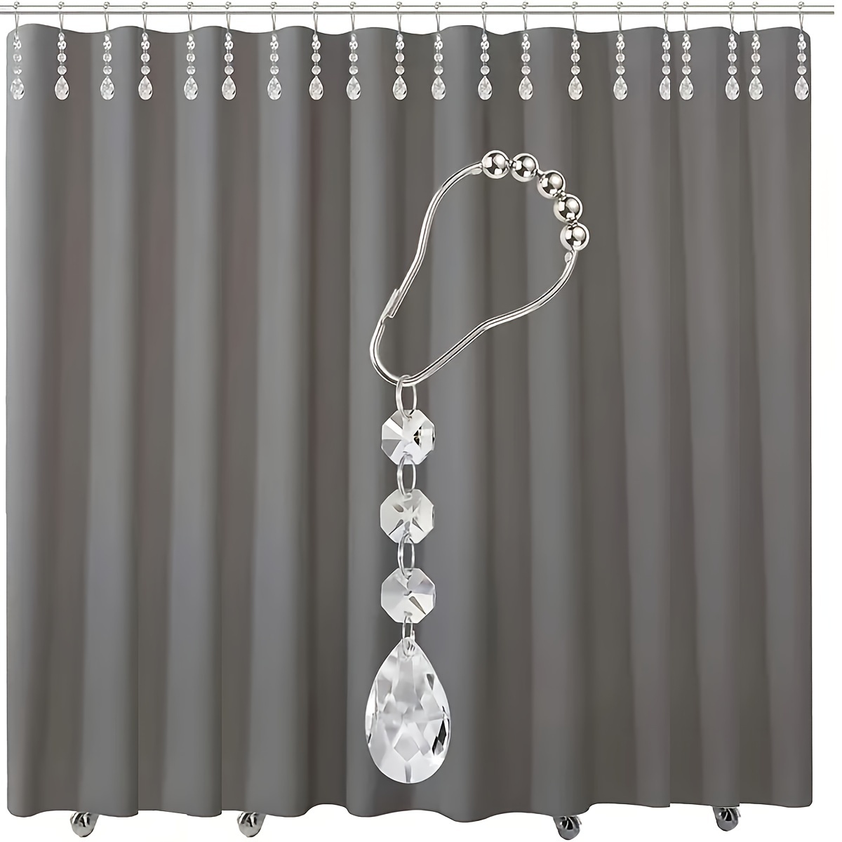 

12pcs Crystal Pendant Shower Curtain Hooks, Stainless Steel Bathroom Accessories, Anti-rust Decorative Rolling Ball Rings For Bathroom Curtain Rods