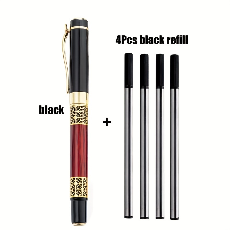 

Ensemble de stylos à bille en métal ergonomique avec 4 recharges - Stylo d'hôtel de style chinois pour fournitures de bureau et scolaires, pointe moyenne, thème , corps oblong, capuchon à