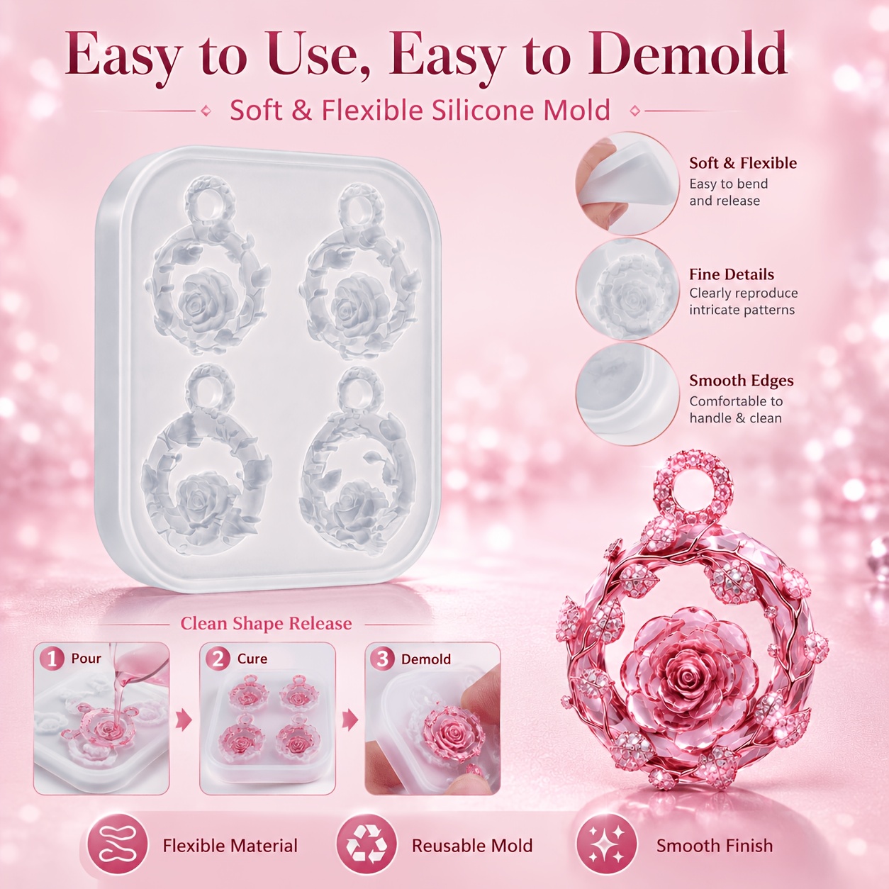 TEMU Resin Silicone Mold With Hanging Hole, 4 Cavity Rose Wreath Circle Pendant Epoxy Casting Mold, Floral Ring Charm Mould For Diy Necklace Keychain