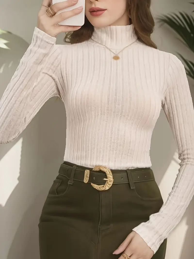 pull élégant à col roulé pour femme - 100% polyester, manches longues, top automne-hiver lavable en machine, pull uni pour tenues décontractées et formelles, style sophistiqué, construction de qualité Détails du produit 5