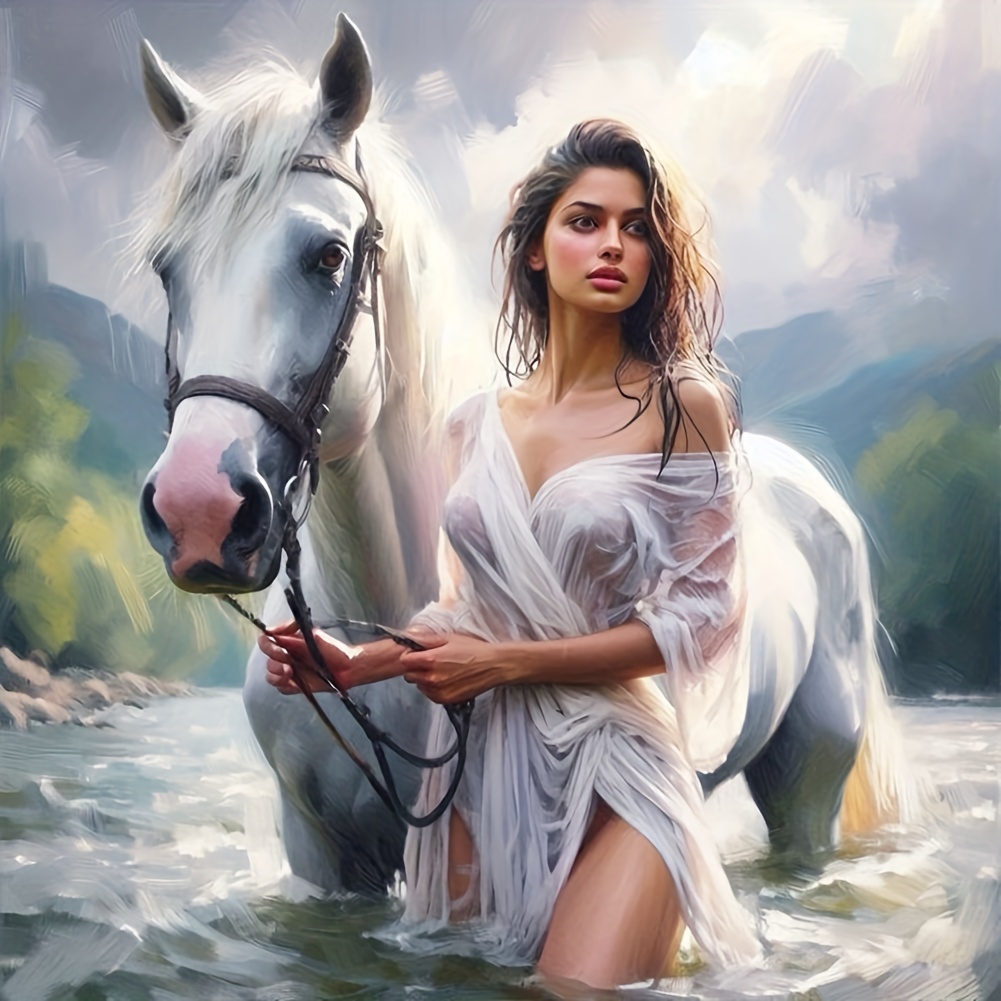 

Adults' Diy Paint-by-number Kit, Acrylic Painting Set - 1pc 30x30cm "elegant Woman And White Horse" - Full Drill Diamond Art Stitch Embroidery For Wall Decor, Thanksgiving & Gift