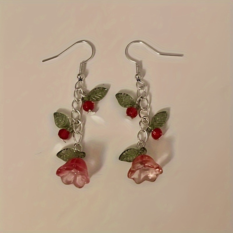 Handmade Blooming Flower Glass Drop Earrings with Leaf Accents, Cute Multi-Color Stud Dangle Earrings, Synthetic Stones, Stainless Steel Hooks, White K Plated, Ideal Gift for Girlfriend, Suitable for Ages 15+