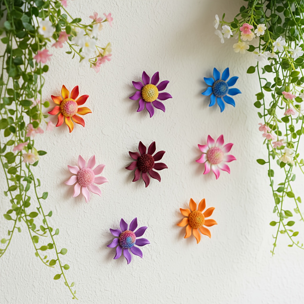 E-shop [2D Flach] 8-tlg. Vintage 3D-Blumen-Wandskulpturen aus Metall – Mehrfarbige Eisen-Blumendeko für drinnen/draußen, Hochzeit – Wetterfeste