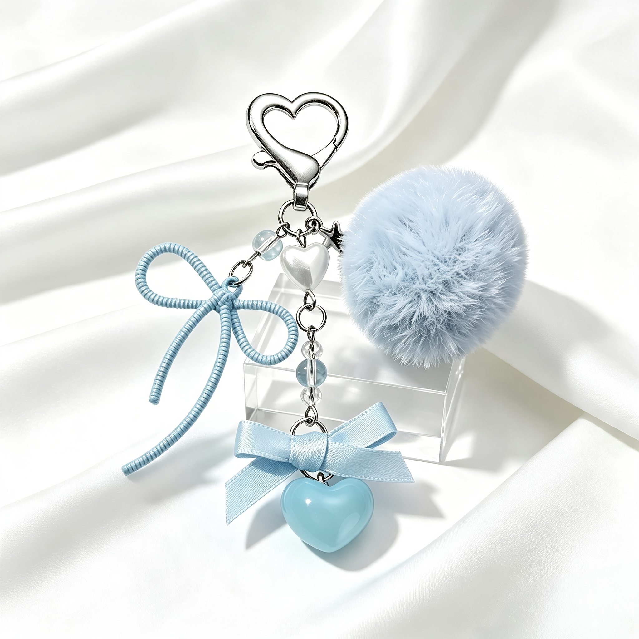 TEMU 1pc Porte-clés Girly Cœur en Peluche en Alliage, de Perles Étoile Cœur avec Nœud en Ruban, Style Doux Sac à Dos Sac à Main Ornement Crochet