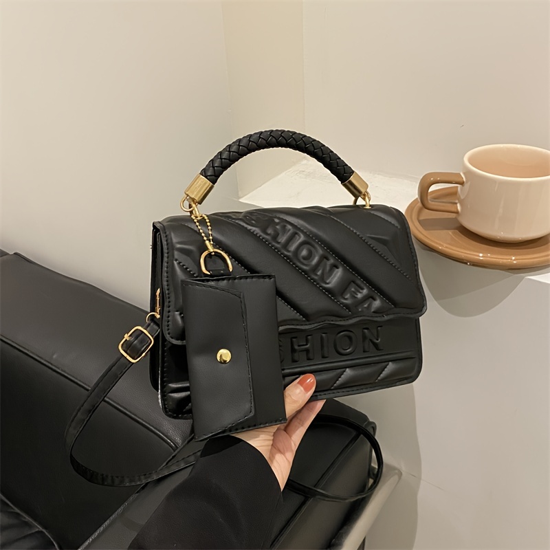 

Fashion Embossed Letter Pu Leather Handbag, Versatile Ladies Shoulder Bag With Matching Wallet, Commuter Chic