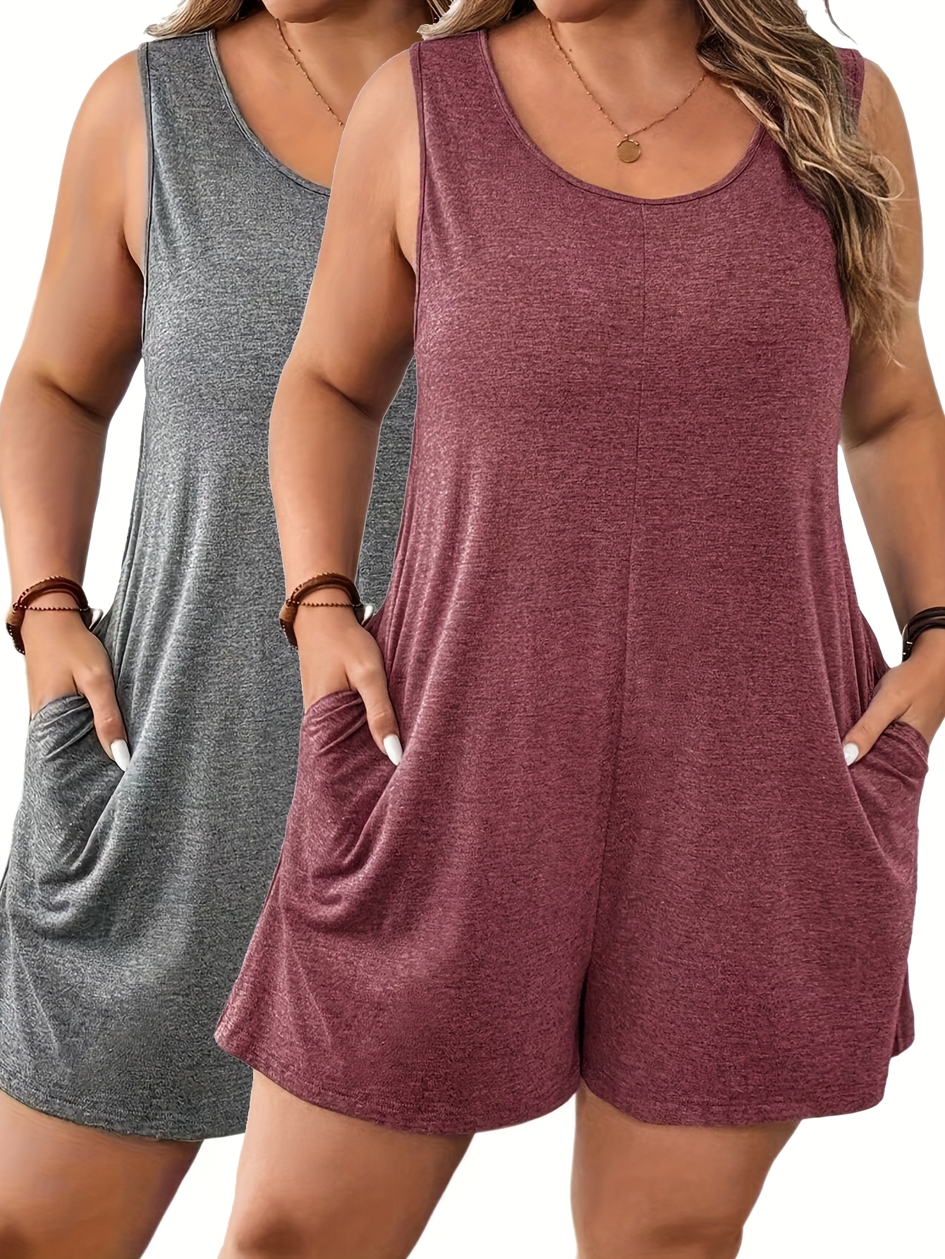 plus size plus size 2pcs plus size womens solid easy sleeveless jumpsuit set