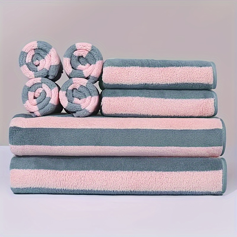 

8pcs Striped Towel Set, 4 Washcloths & 2 Hand Towels & 2 Bath Towels, Absorbent & Quick-drying Face Towel, Super & Soft & Thickened Bathing Towel, For Home Bathroom, Ideal Bathroom Supplies