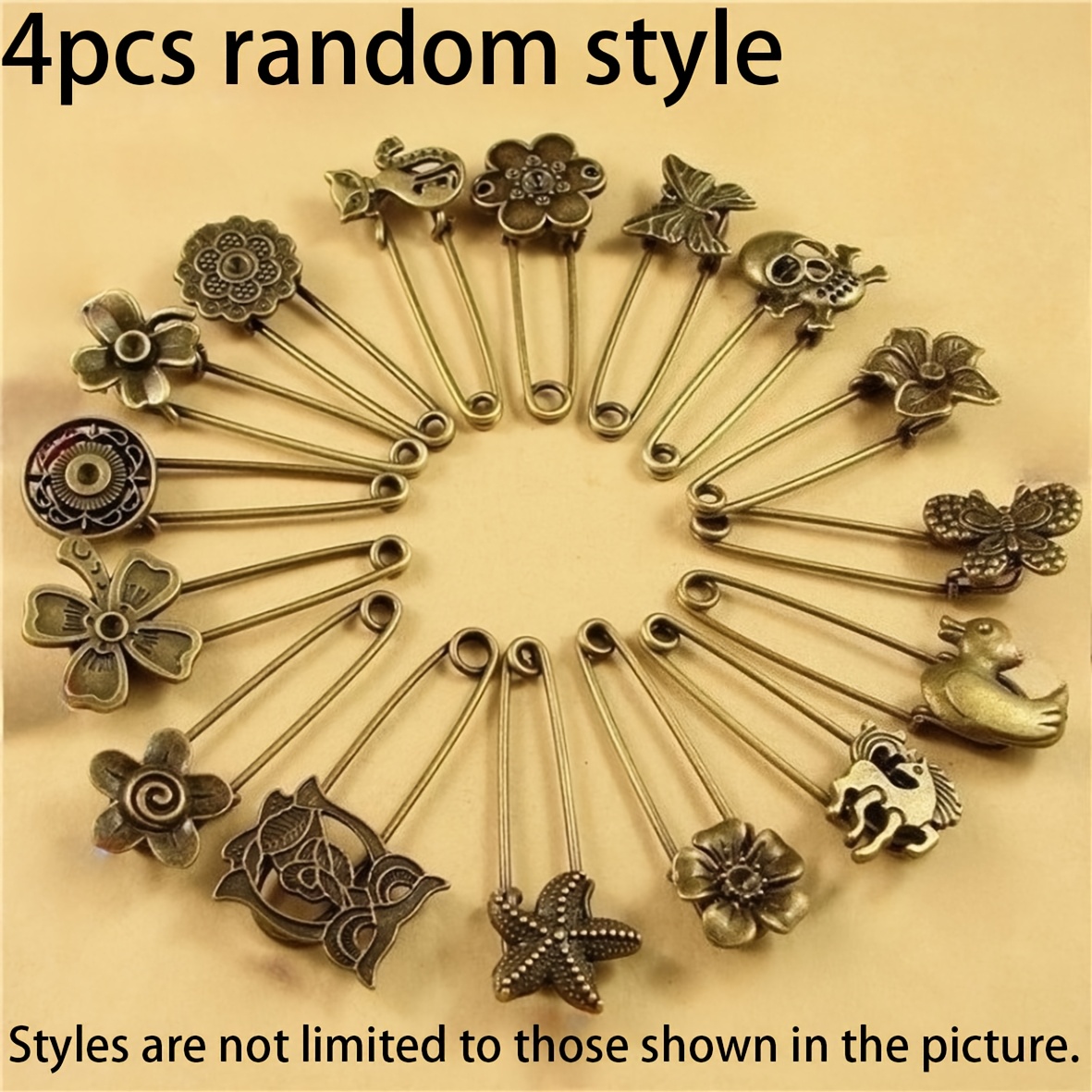 TEMU Set Of 4 Vintage-inspired Creative Pins, Safety Fasteners, Metal Embellishments, Handmade Items, Assorted Designs