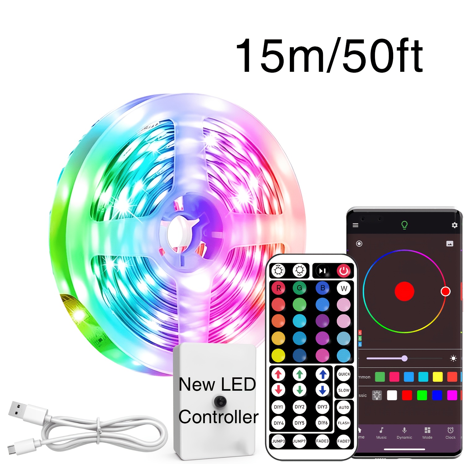 TEMU Intelligent Rgb Led Strip Lights For Bedrooms, In Lengths From 3ft To 100ft, Controllable Via An App And A 44-key Remote. Features Music
