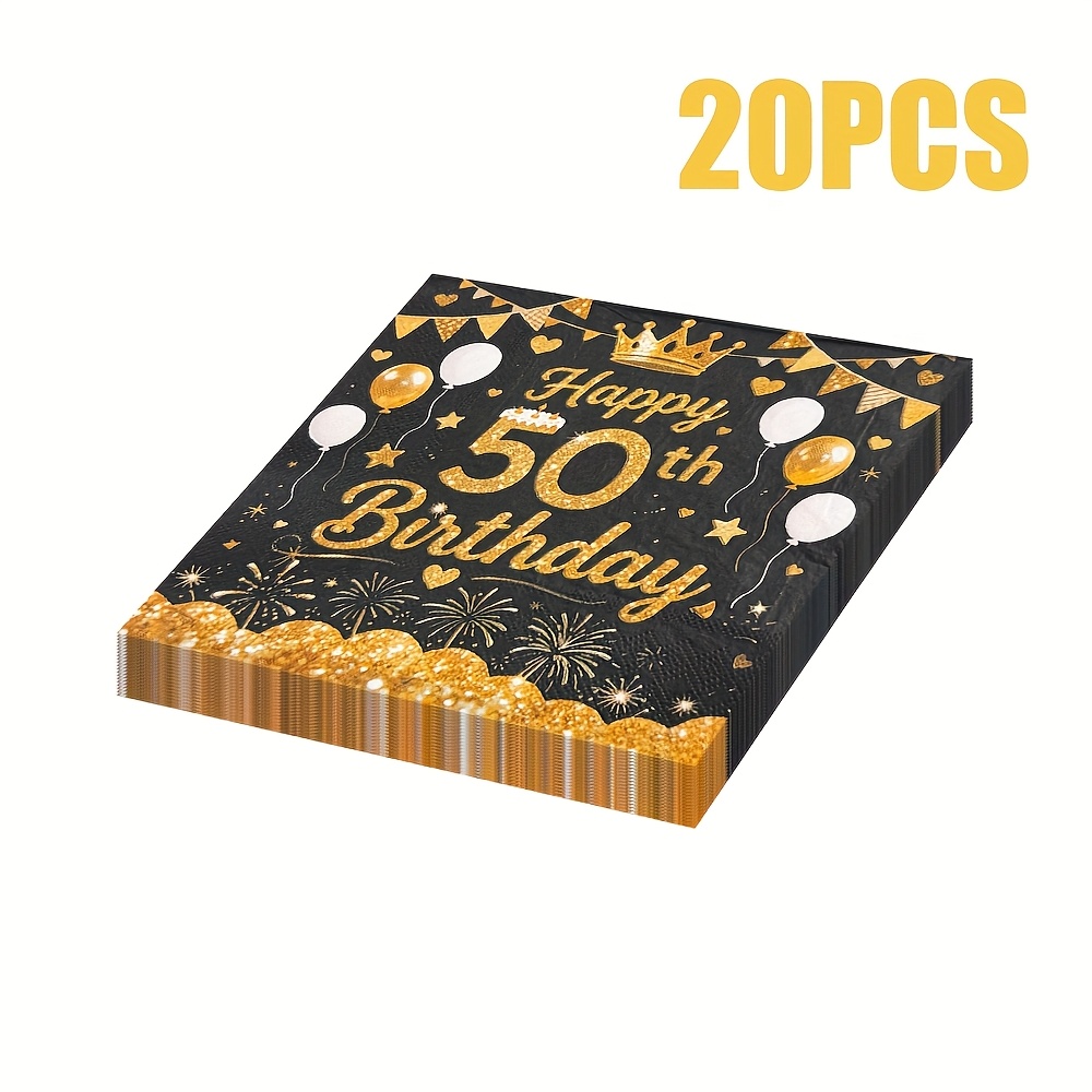 Image of 20pcs Festive 50th Birthday Disposable Paper Napkins, 2-ply Elegant Golden & With "happy 50th Birthday" Text, 13x13 Inch - Perfect For Party Decorations & Celebration For Halloween、christmas