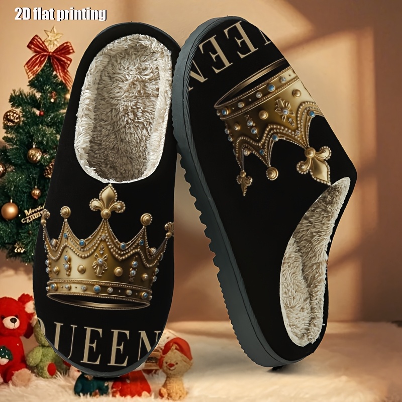A Pair Of Fuzzy Slippers For Everyone, Featuring A Embellished With Gems And The 'queen' Underneath., Women Shoes