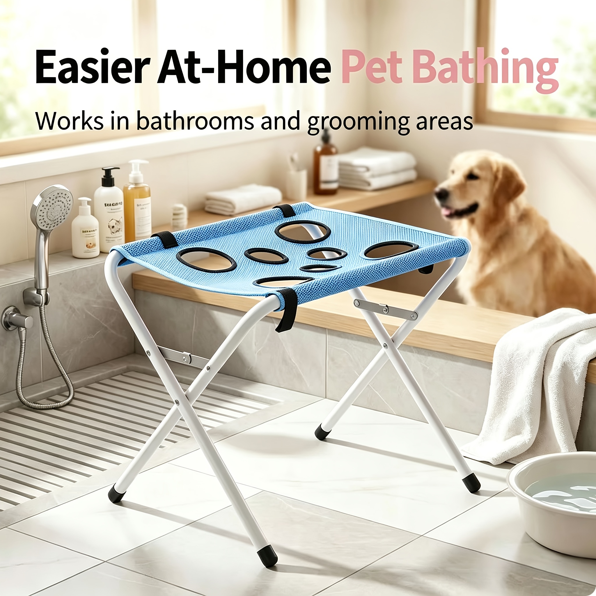 TEMU Hamac de toilettage lavable bleu pour animaux de compagnie avec support de suspension à 8 trous et élingue de contention, convient pour d'ongles