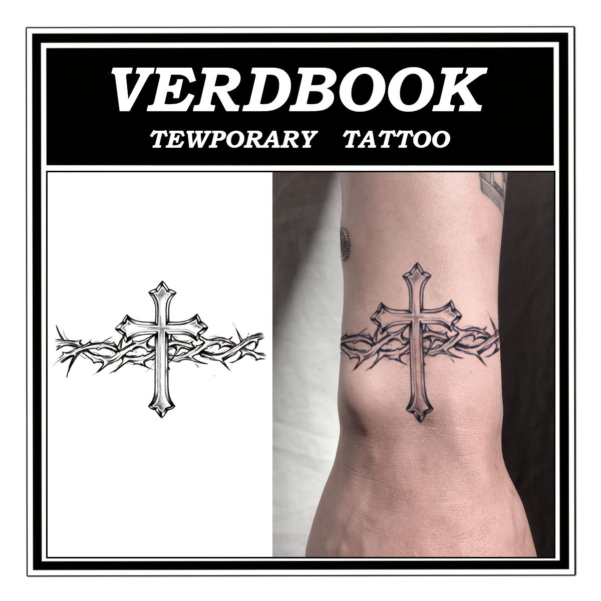 VERDBOOK Temporary Tattoo - Gothic Cross with Thorny Vines, Long-Lasting Waterproof Body Jewelry for 1-2 Weeks, Realistic Dark Gothic Body Art for Parties, Events, Everyday - Easy Application & Removal, Party Accessories, Bold Design, Highquality Print, Alternative Fashion, Inkartlink, Cross Tattoo, Temporary Tattoo For Men, Permanent Tattoo Of, Crosslet Tattoo, Cross Neck Tattoo, Barbe Wire Tattoo, Thorn Tattoo, Tattoo For Men, Tattoo Temporary, Tattoo For Women, Tattoo Sticker