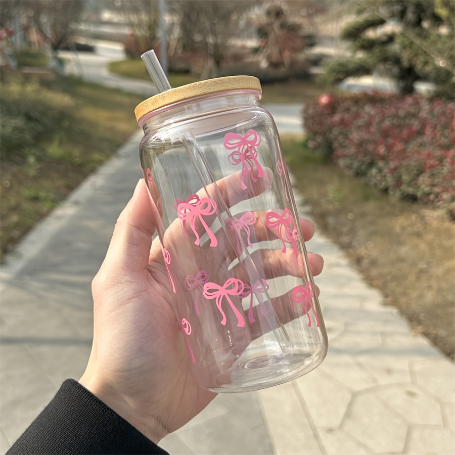 

1pc Pink Bow Plastic Tumbler, Travel Mug, Coffee Cup, Water Bottle, Reusable, Portable, And Sturdy, With Bamboo Lid And Straw, For Family, Friends, Lovers, Valentine's Day, Anniversaries (16oz)