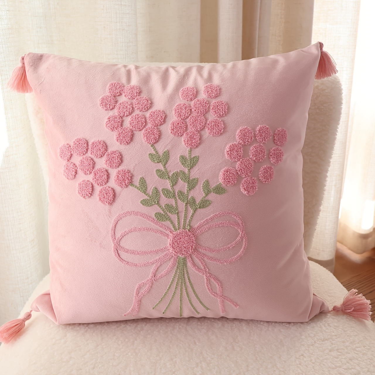 TEMU 1pc Countryside Pastoral Floral Pillowcase, Velvet Embroidery With Tassels, Bow Embroidery, Pillow Insert Not Included