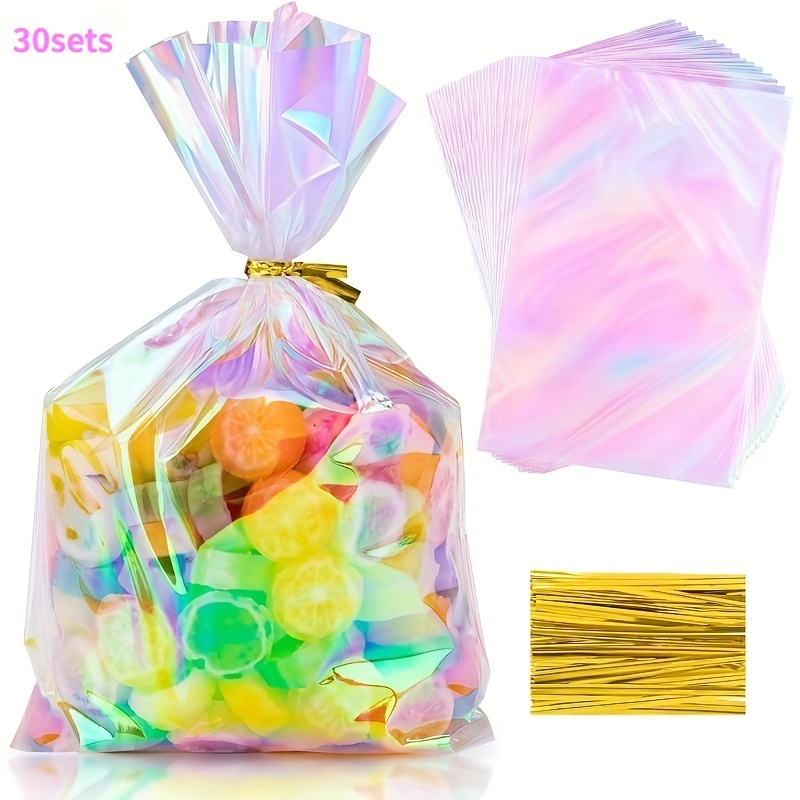 E-shop 30/60/120 Stück Mehrfarbige Holographische PP-Plastik-Geschenktüten mit Band – Ideal für Partys, Hochzeiten, Geburtstage, Baby-Shower, Ostern,