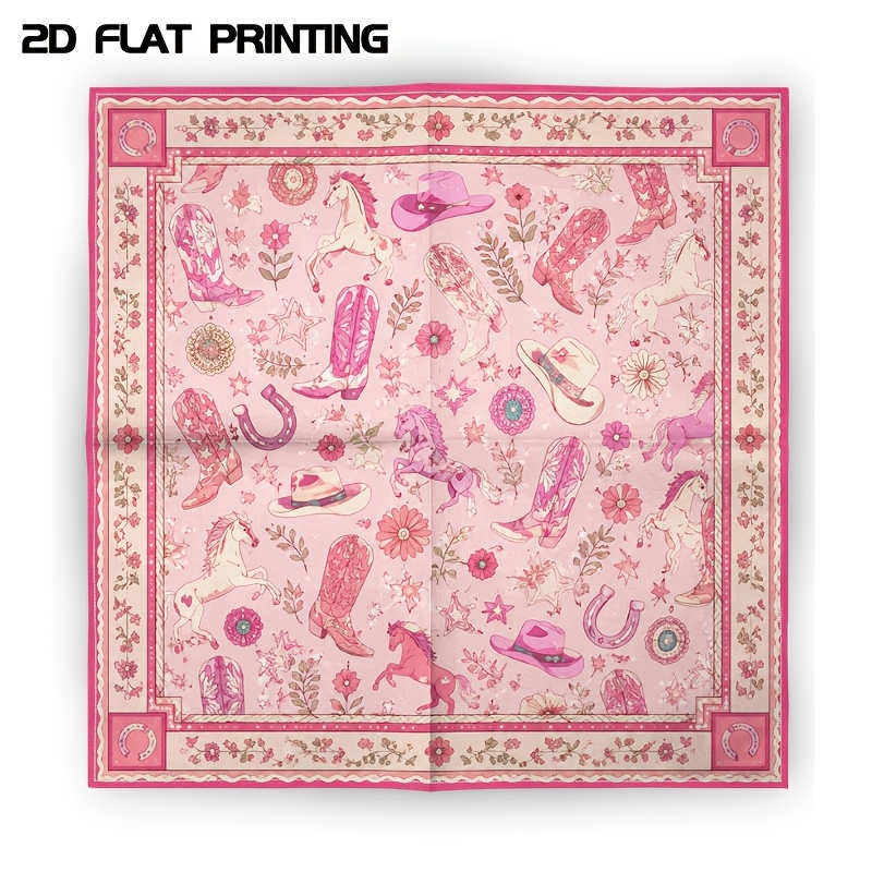 TEMU 1pc 2d Printed Bandana, Pink Western Style Retro Fashion Scarf Necktie, Cartoon Cowboy Hip-hop Trendy Headscarf, Floral Equestrian Element