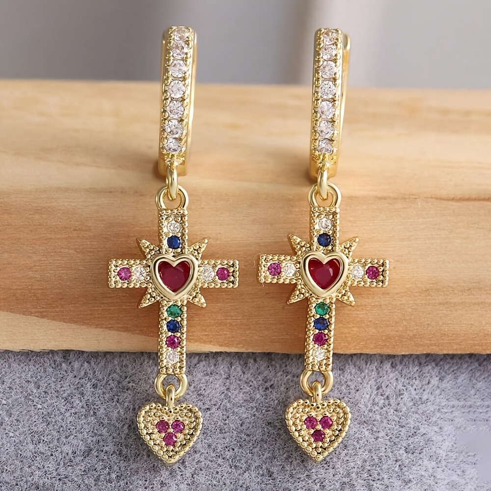 Image of 2pcs Premium Elegant Colored Cubic Synthetic Synthetic Zircon​​ Huggie Hoop Earrings Pendants, Copper Nickel Free Plating, Love Heart Cross Suitable For Gift Daily Carnival Decoration