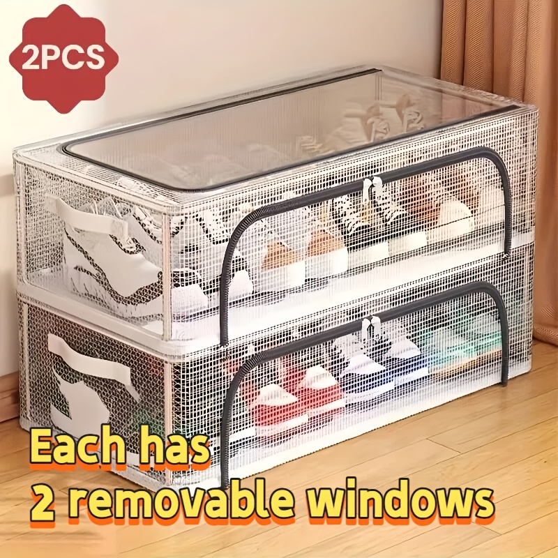 TEMU 2/1pc Modern Rectangular Transparent Shoe Storage Box, Made Of Pvc, With Support And 2 Detachable Windows, Space-saving Foldable Shoe Rack,