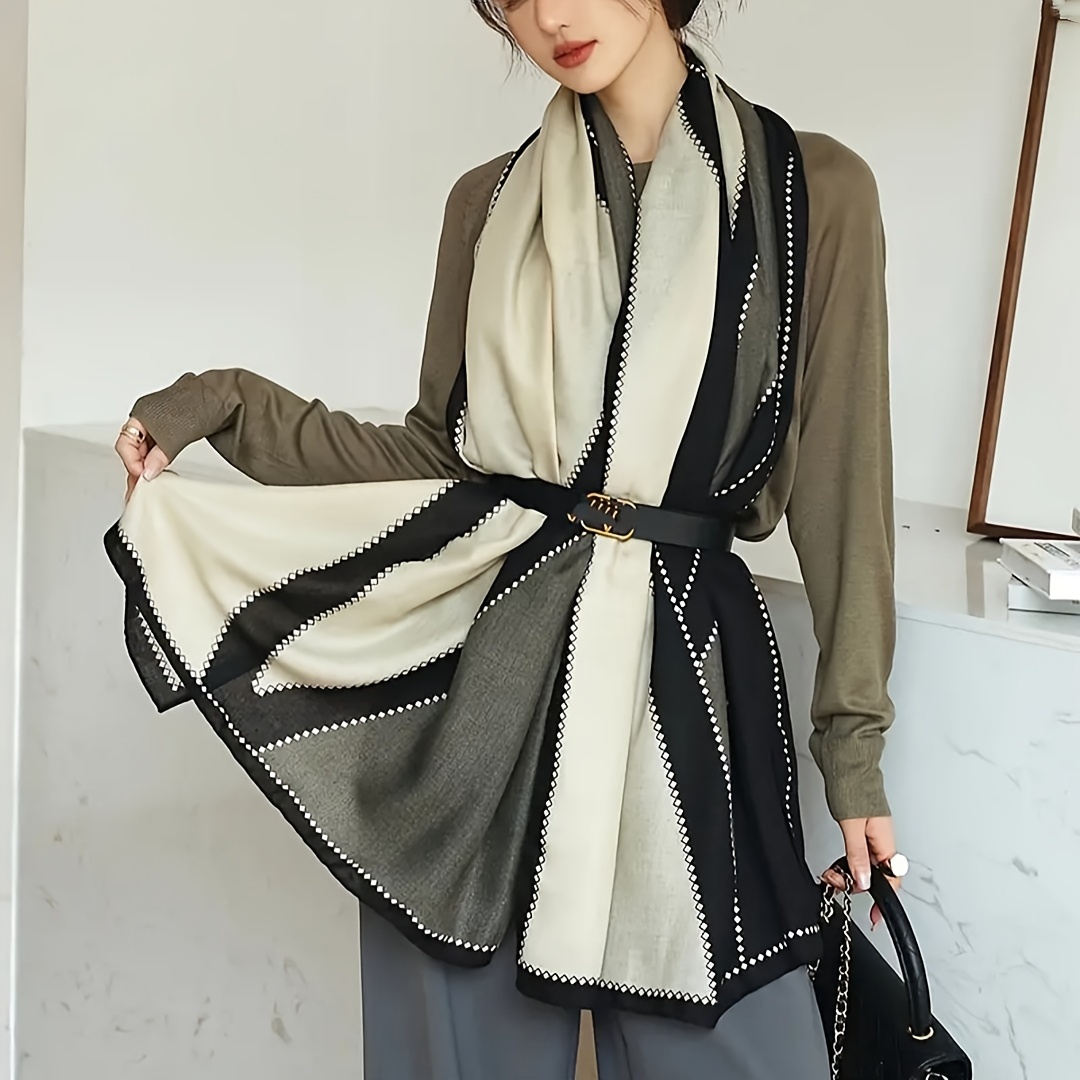 

Black Beige Color Block Scarf Large Size Thin Shawl Boho Style Windproof Sunscreen Wrap For Women
