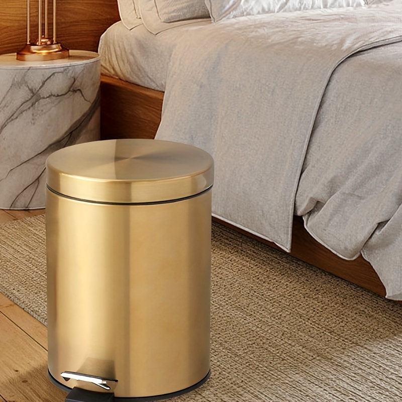 

1pc Golden Stainless Steel Trash Can, Pedal Step, Round, Silent-close Lid, Anti-fingerprint, Rustic Look For Bathroom, Kitchen, Office