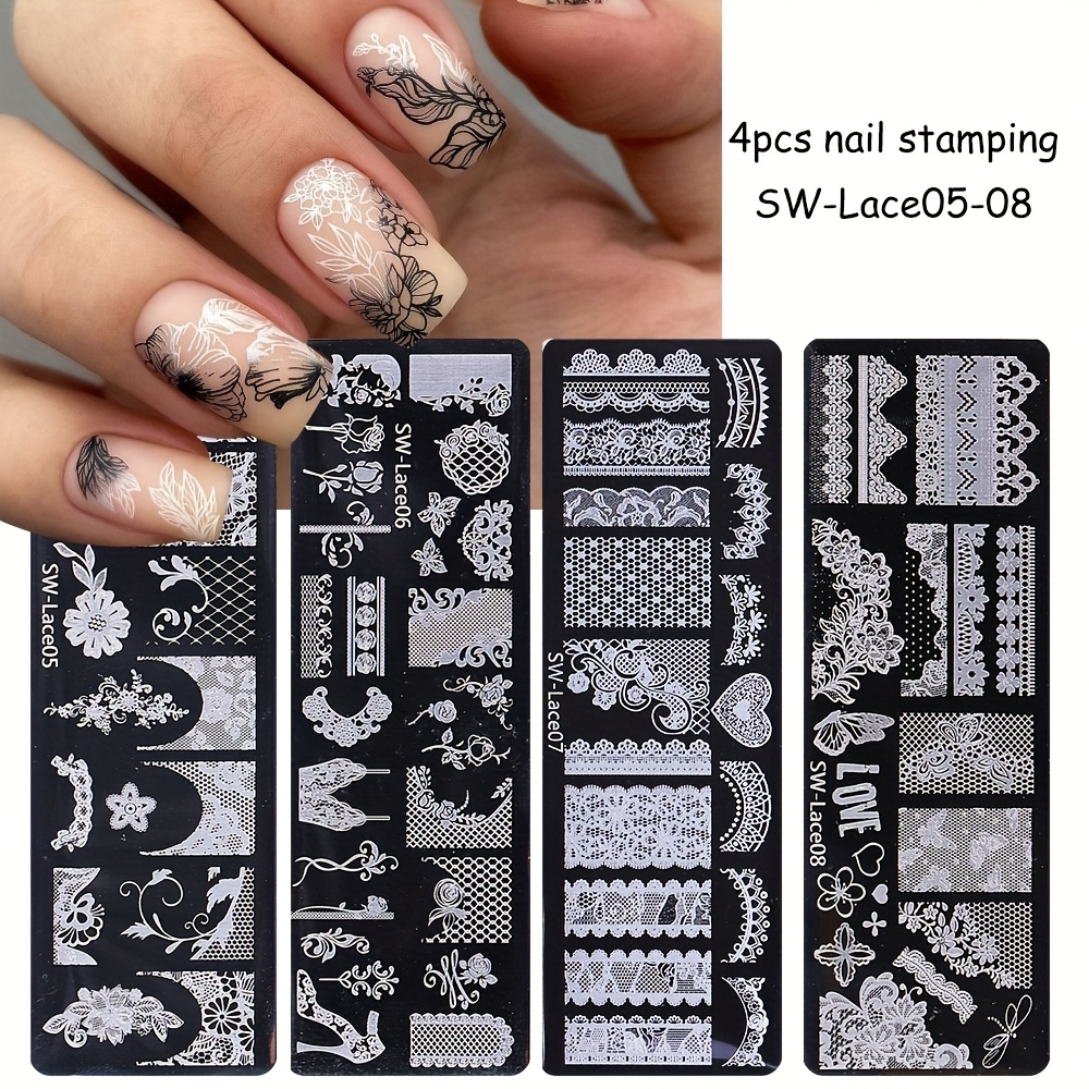 4pcs Lace Patterns For Nail Plates Stainless Steel Lace Flower Ribbon Bow Image For Nail Template Stencil For Nail