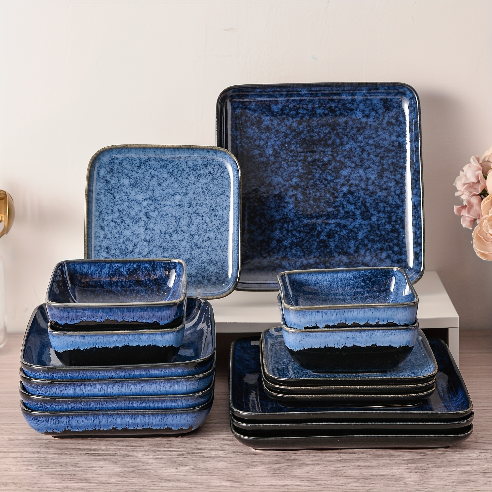 16pcs Dinner Sets, Chip And Scratch Resistant Dinnerware Set, Service For 4 (16pcs), Plates And Bowls Dishes Sets, Blue