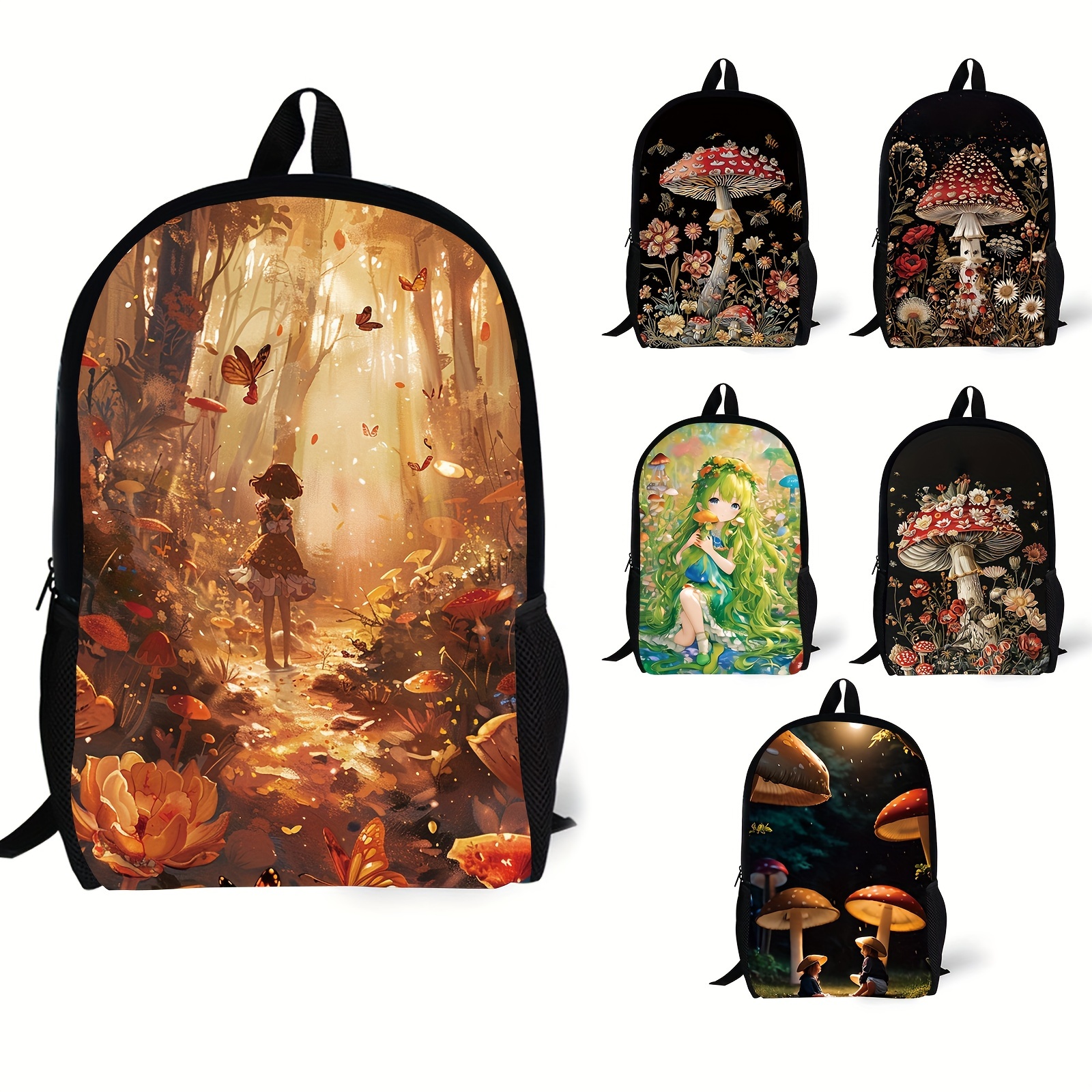 

Mushroom Style Print Cool Lightweight Backpack With Side Extensible Net Pocket For Bottle, Casual Schoolbag For Young Man's & Women's Commute & Library & Outdoor Activities