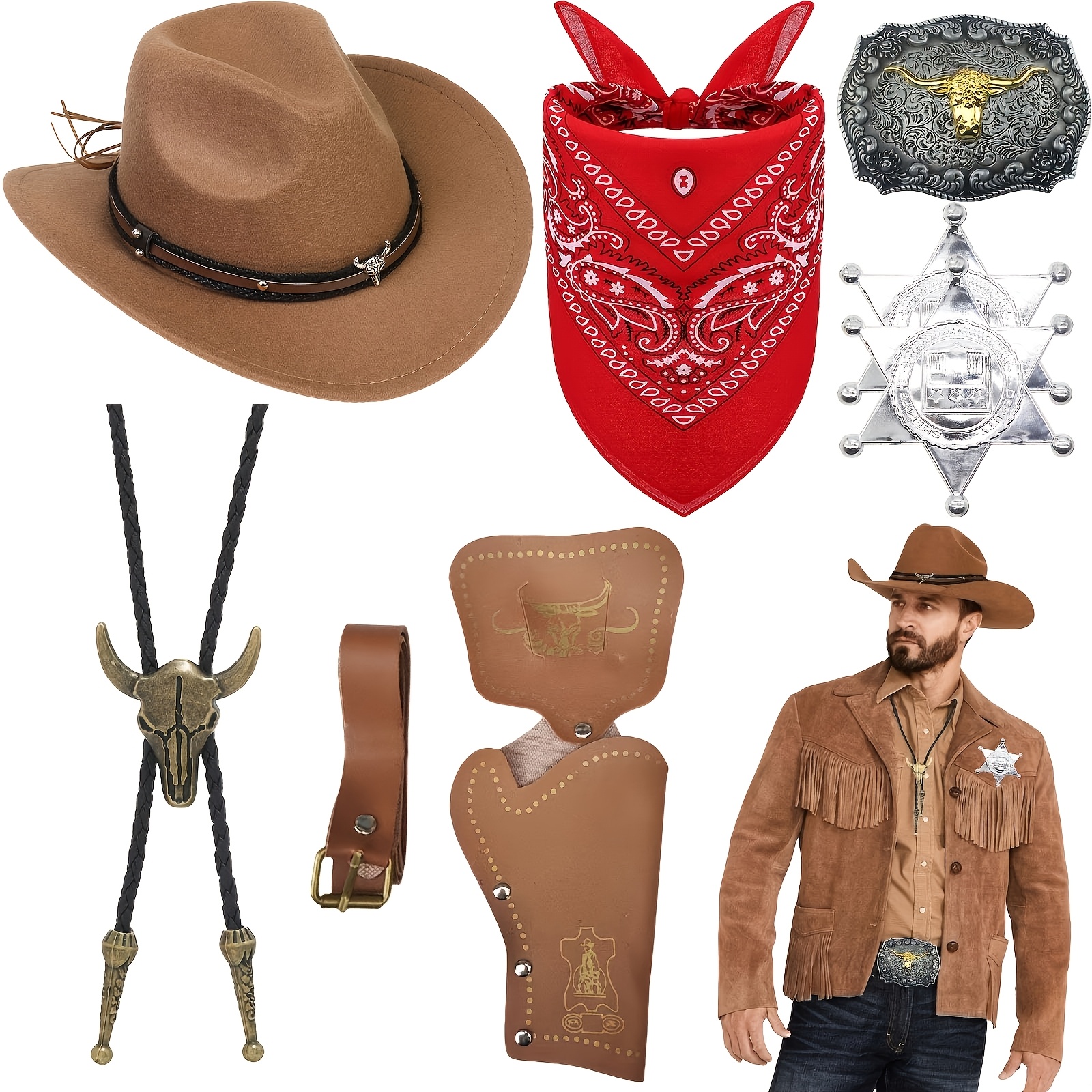 Cowboy Hat Set with Belt Buckles Bolo Ties Western Accessory 5pc Amazon.com: EIELO Cowboy Outfit for Men Western Cowboy Hat  main image 2