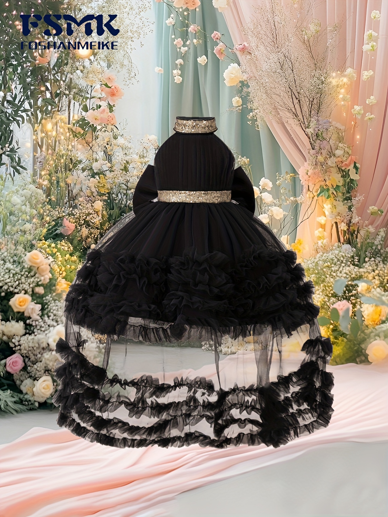 black and gold toddler dress gilded sequined halter neck train tulle cf-size-2x-14-16