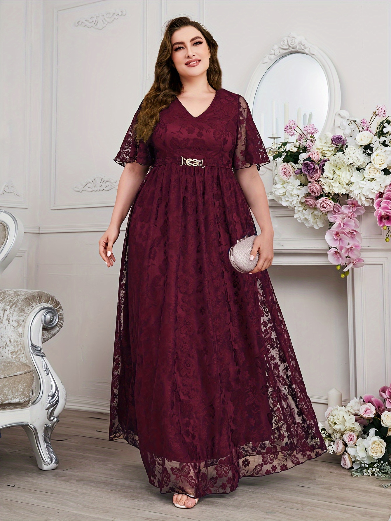 plus size plus size fashionable elegant long lace dress a v - Temu