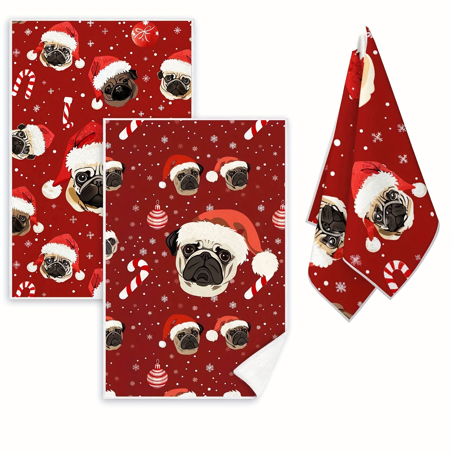 TEMU 2-pack Contemporary Bulldog Christmas Hand Towels - Absorbent Polyester Knit Dish Cloths, Lightweight, Cartoon-themed Tea Towels For Kitchen &
