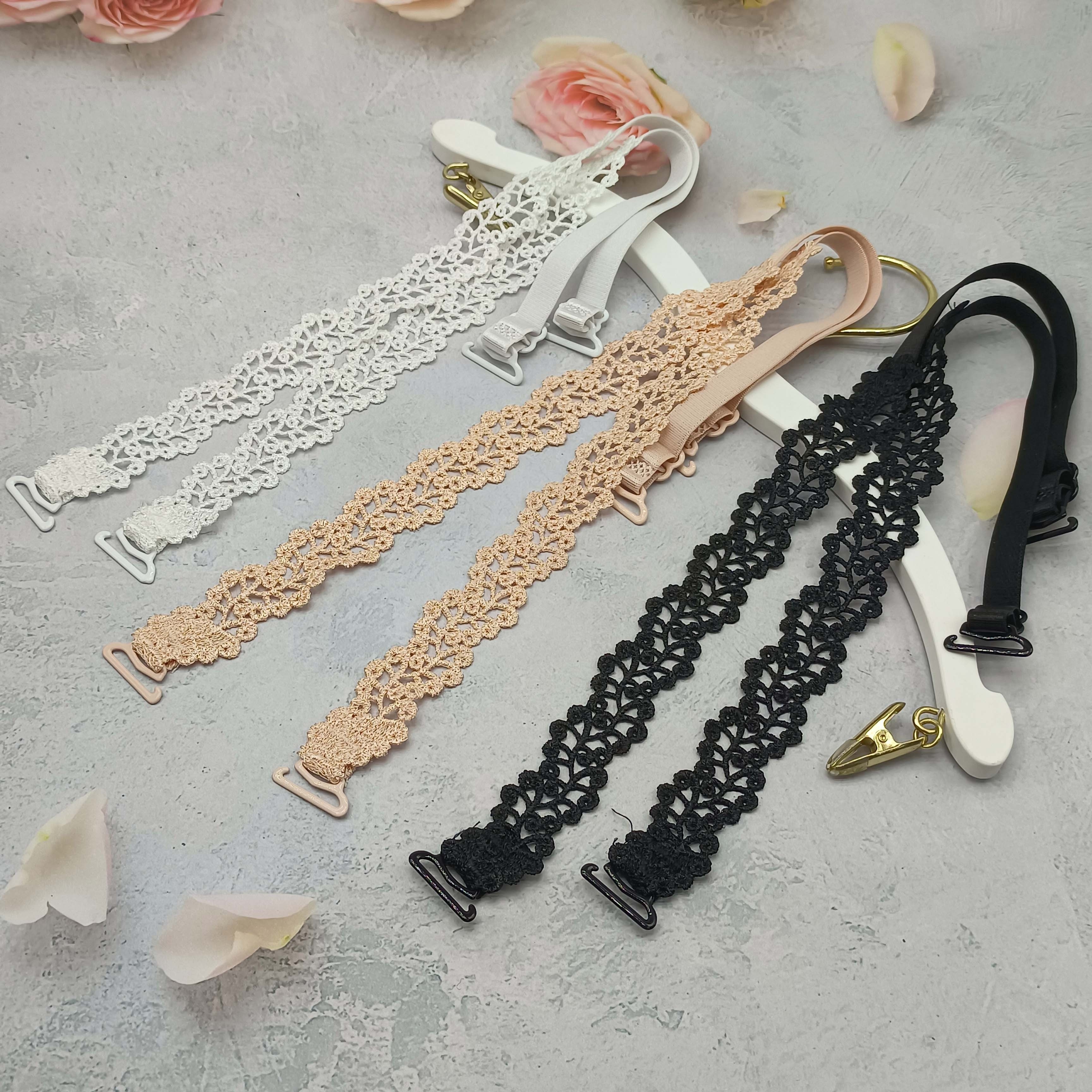 1 Pair Floral Bra Straps - Adjustable Replacement Shoulder Straps for Lingerie, Beige/White/Black with Metal Clasps, Polyester Fabric, Women's Fashion Accessories