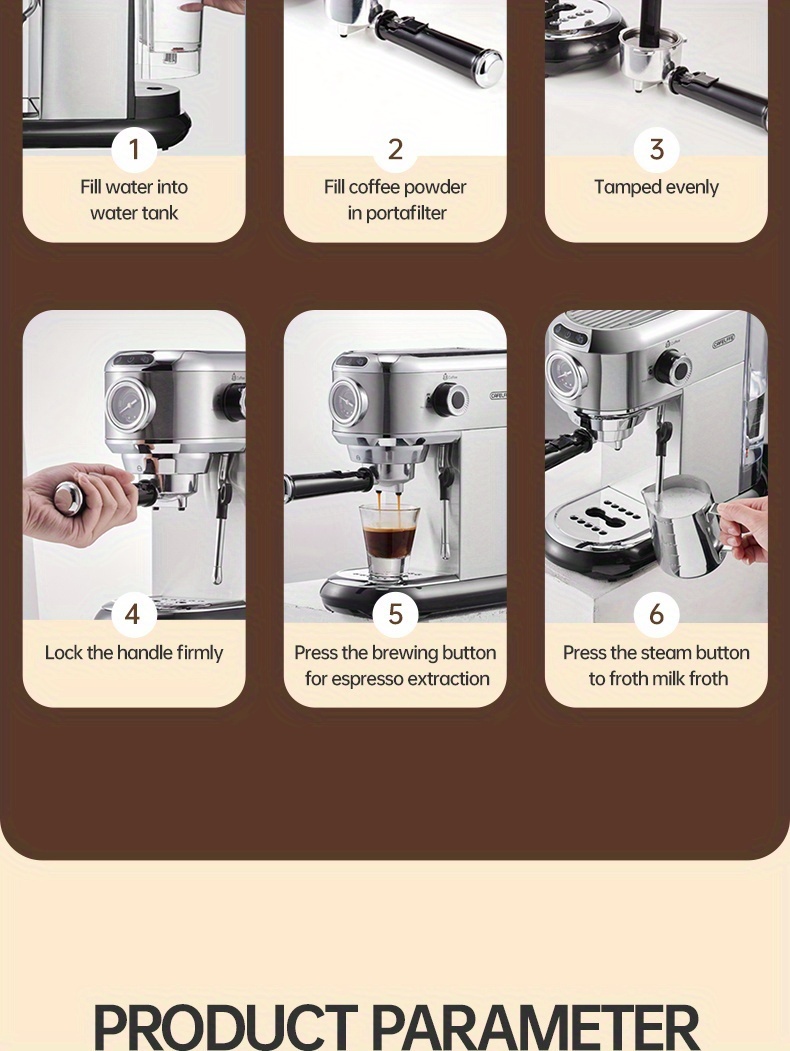 1 Unit CAFELFFEMK-601 Espresso Machine with Milk Frother, 20bar Extraction, Visible Pressure Gauge, Stainless Steel Body, Removable Drip Tray, 1.1L Water Capacity, Coffee Shop Gift Suitable for Lovers/father/mother, Office Equipment